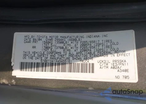2004 Toyota Tundra Sr5 V8 z USA, uszkodzony, nr VIN 5TBET341X4S455161